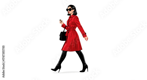 Stylish woman walking in red coat and black high heels with handbag  