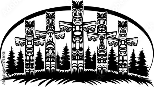 Striking totem poles artfully arranged among evergreen trees, capturing the essence of Pacific Northwest indigenous culture in a captivating silhouette
