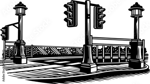 Cityscape illustration featuring black and white traffic lights, classic street lamps, and a pedestrian crossing for urban planning and design projects