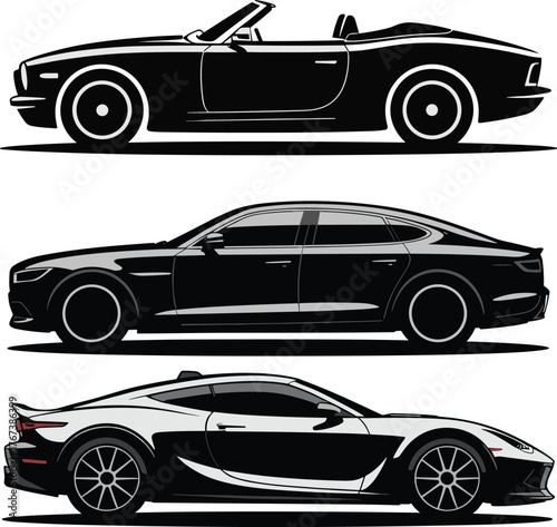 Three black and white car silhouettes in profile automobile
