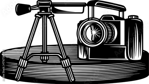 Classic video camera on tripod, film industry nostalgia, cinematography equipment, filmmaking tradition, professional broadcasting tool, vintage television studio