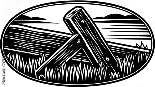 Rustic fence scene with rolling hills and grass, perfect for nature-inspired designs or outdoor event promotions with a classic, woodcut aesthetic