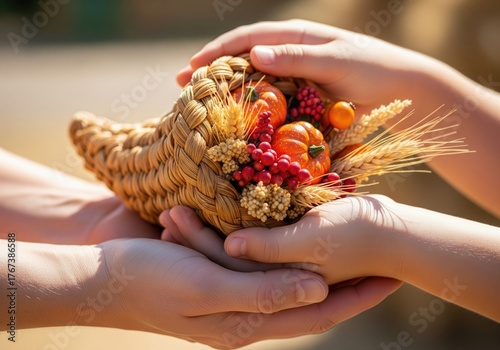 Hands holding a cornucopia filled with autumn harvest decorations