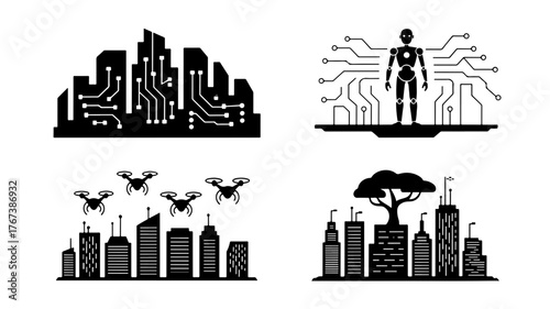 Futuristic cityscape with advanced technology and artificial intelligence, showcasing a network of interconnected buildings, drones, and robots