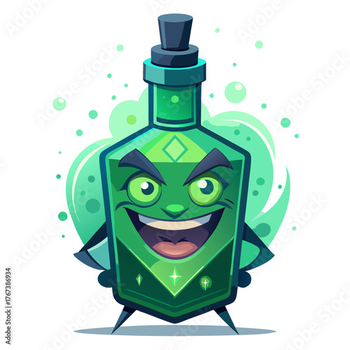 a mischievous, absinthe-poisonous bottle character with a sly, devilish grin and glowing green eyes.