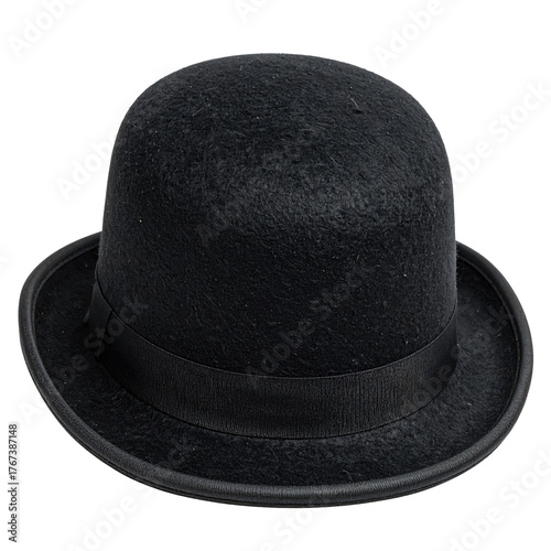 A close-up shot of a classic, black, rounded hat with a grosgrain band and brim