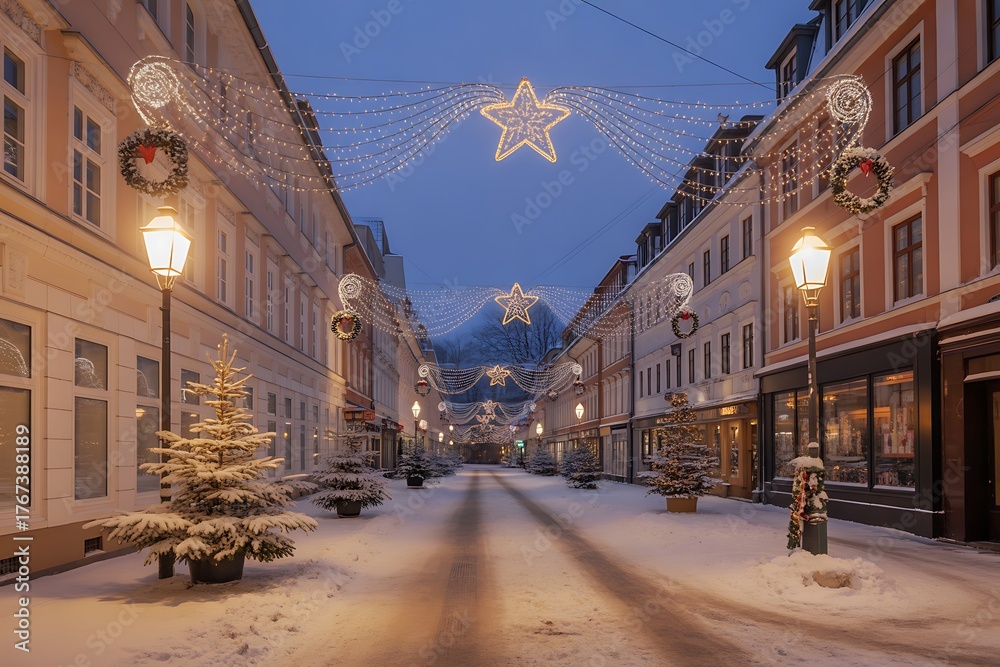 Obraz premium Enchanting snow-covered European street aglow with festive Christmas lights and twinkling stars, creating a magical winter wonderland scene perfect for holiday promotions.