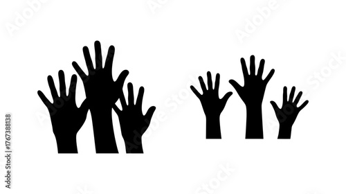 Silhouette of multiple raised hands waving in a group symbolizing unity and participation