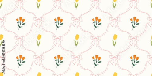 Coquette Floral trellis seamless pattern with bows and ribbons. Preppy spring summer hand drawn flowers. Botanical elegant trendy print. Vintage design for fabric, wallpaper, decor, background, paper