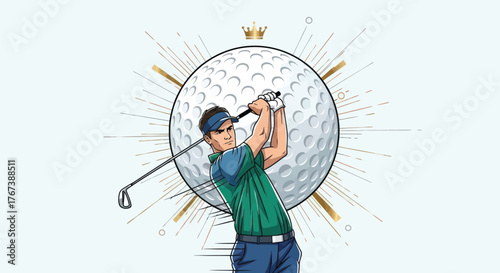 Elevate Your Game Stunning golf illustration of a golfer mid-swing with a royal crown, perfect for sports marketing and golf tournament promotions