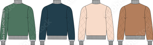 Four distinct crewneck sweater mockups in green, navy, blush, and tan, presented from a back view for apparel design and fashion concepts