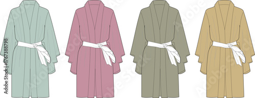 Collection of four pastel-colored robes with white sashes, presented in a flat lay style against a white background