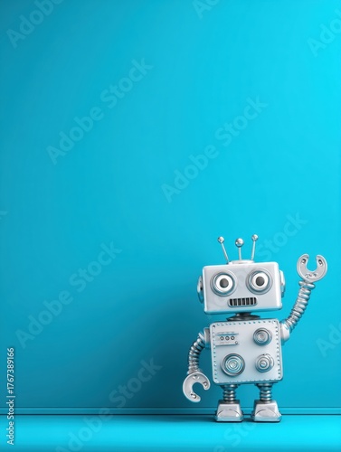 Vintage Robot Toy Standing Against a Bright Turquoise Background, Waving Cheerfully With a Friendly Expression