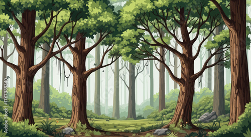 Enchanting forest scenery with lush green foliage and ethereal mist creating a serene and peaceful atmosphere perfect for fantasy or nature themes