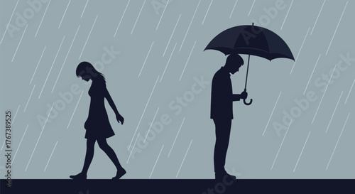 Heartbroken couple separating in the rain with a somber, melancholy mood representing loneliness, loss, and sadness after a relationship breakup