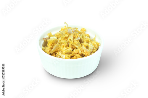 Full fried garlic or fried shallot or  krathiem jiaw in Thai in white cup isolated on white background with clipping path close up 