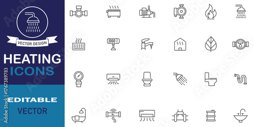 Heating modern icon set. Set of 24 line icons related to heating, home, fan, air conditioner, flame, heater, temperature and more symbol. Minimalist vector collections.