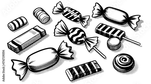 various candies including lollipops, wrapped sweets, and hard candies in different shapes and styles.