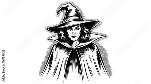 a woman in a classic witch outfit, featuring a pointed hat and flowing cape, symbolizing mystery and magic.