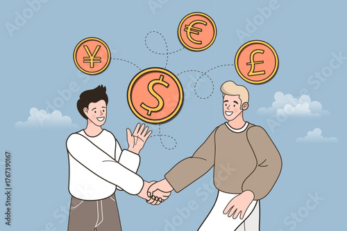 Two businessmen shake hands, sealing an international deal. Currency icons connect above them, symbolizing global finance, foreign exchange, money transfer, and a successful partnership.