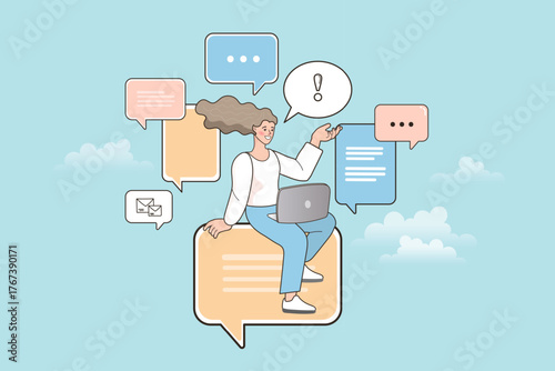 A woman manages digital communication on a laptop while sitting on a large speech bubble. She handles chats and emails, symbolizing efficient customer support or social media management.