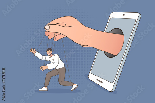 Digital addiction and manipulation concept. A hand emerges from a smartphone, controlling a man like a marionette puppet, symbolizing loss of control to technology or social media.