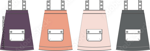 A collection of colorful pinafore aprons with front pockets and adjustable straps, presented as a flat vector technical drawing for apparel design templates