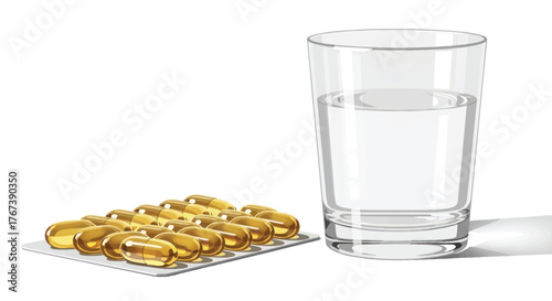 Promote wellness with these golden omega-3 capsules and refreshing water, showcasing a healthy lifestyle choice for your next health campaign