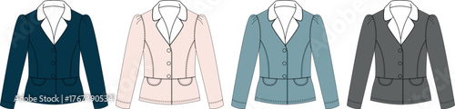 Four different colored tailored women's blazers with decorative button details and peaked lapels, presented in a flat lay style