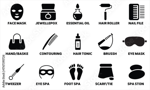 Various spa and cosmetic products including a face mask on white background