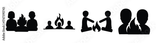 Bonfire party scene icons gathering people celebrating outdoors around fire warmth togetherness community festive