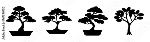 Set of four silhouette bonsai trees in pots featuring diverse shapes and styles artistic botanical elements
