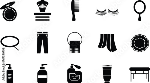 Black icons show beauty and grooming accessories along with clothing on white background