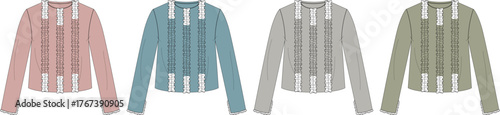 Four pastel colored women's cardigan jackets with vertical ribbed detail and contrasting trim