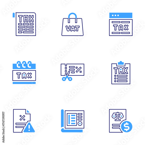 Tax icon set. Bold line style. Duotone colors. Editable stroke. tax, calendar, vat, website, taxes