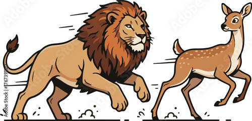 Illustrative Depiction of a Lion Pursuing a Graceful Deer in a Stock 