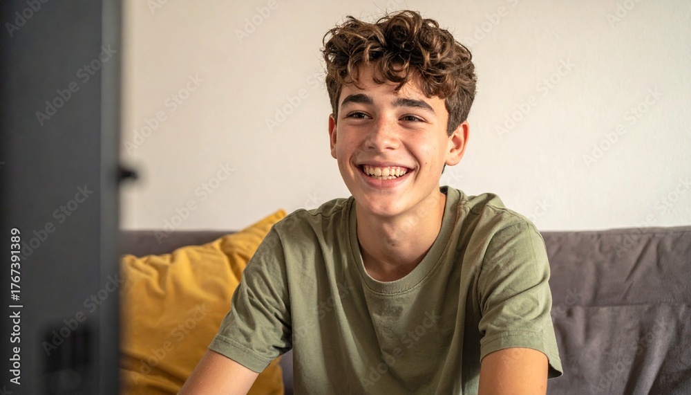 Fototapeta premium Smiling Teenage Boy Relaxing on Couch Watching TV