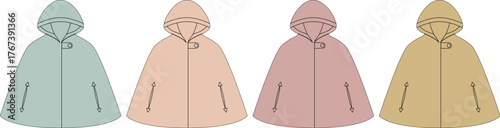 Four colorful cloaks with hoods displayed in a row, showcasing a variety of apparel options