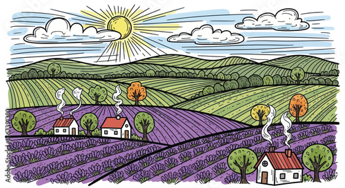 Tranquil lavender field scenery with cozy cottages under a sunny sky, evokes peaceful countryside living and relaxation for lifestyle brands