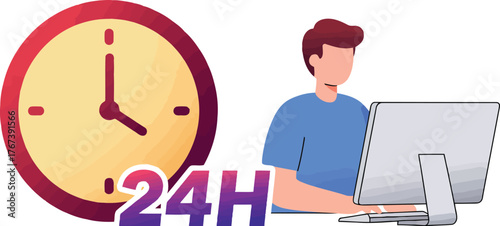 24 hour service man working online computer time clock illustration vector