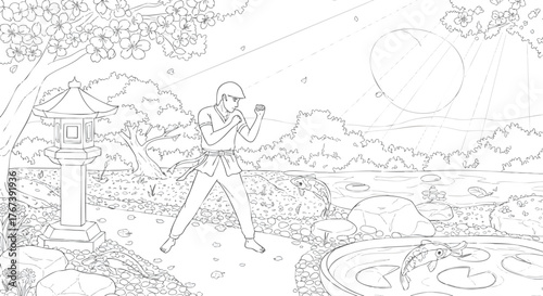 Martial Arts Practice in a Japanese Garden A Peaceful Scene with Natural Elements