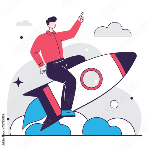 entrepreneur sitting on rocket launching upward  s