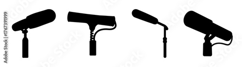 Four silhouette boom microphones in different angles and positions studio recording equipment for audio capture