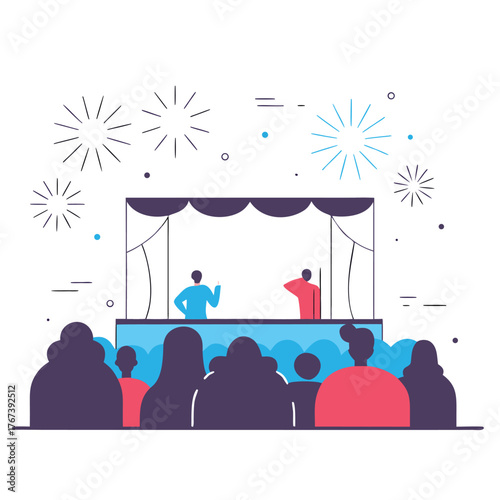 open air concert vector  crowd silhouette and fire