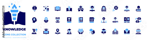 Knowledge icon collection. Bold style. Duotone colors. knowledge, idea, reading book, science, book, training, machine learning, knowledge transfer