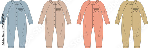 Varied Color Palette of Baby Sleepwear A Stylized Illustration of Onesies in Soft Hues