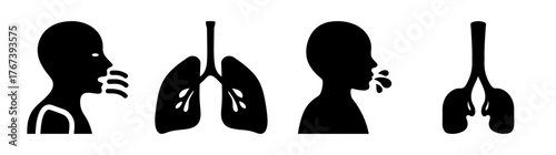 Breathing icon set human silhouette lungs respiratory system and airflow symbols for health