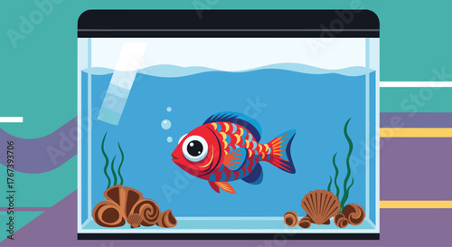 Colorful fish swimming in a clear aquarium with decorations.