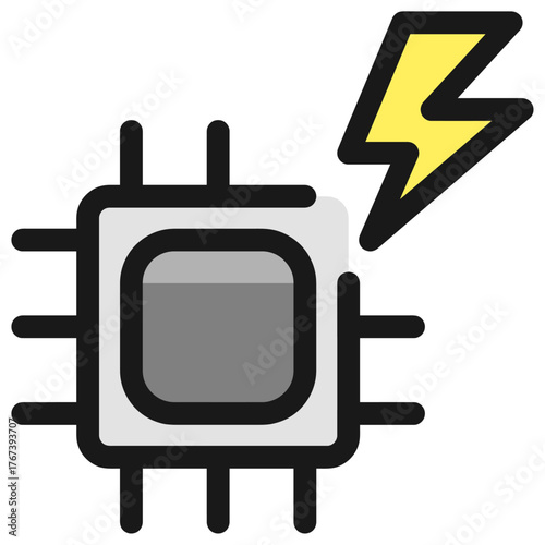 Computer chip with lightning bolt, indicating a power surge or damage.