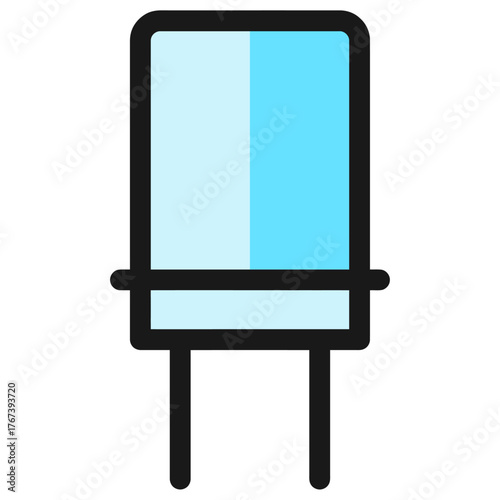 Simple flat icon illustration of a light blue electrolytic capacitor with two leads.